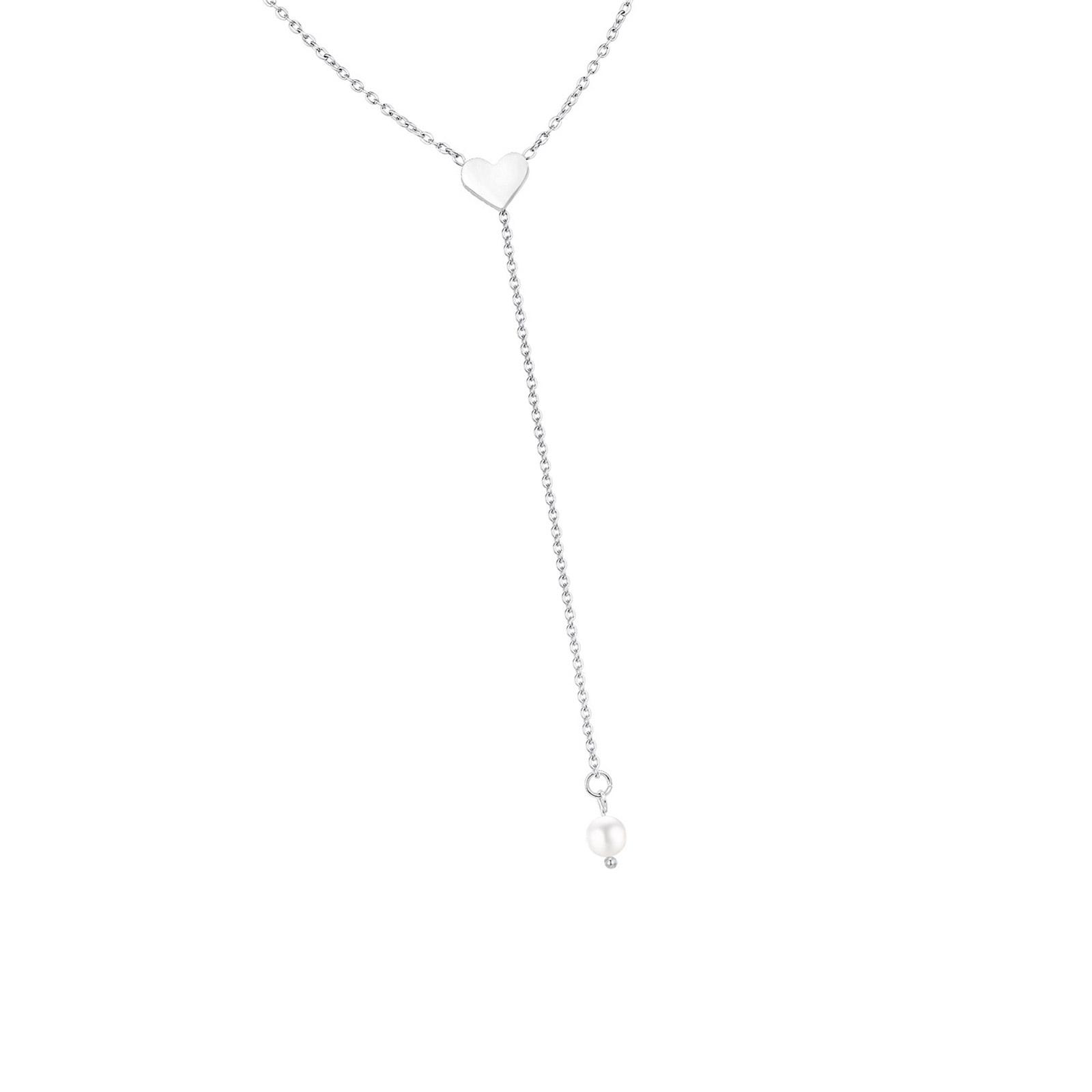 

Elegant Heart Butterfly Chain Pearls Necklace For Women Featuring Timeless Alloy Design And Hypoallergenic Gold Finish A серебряный