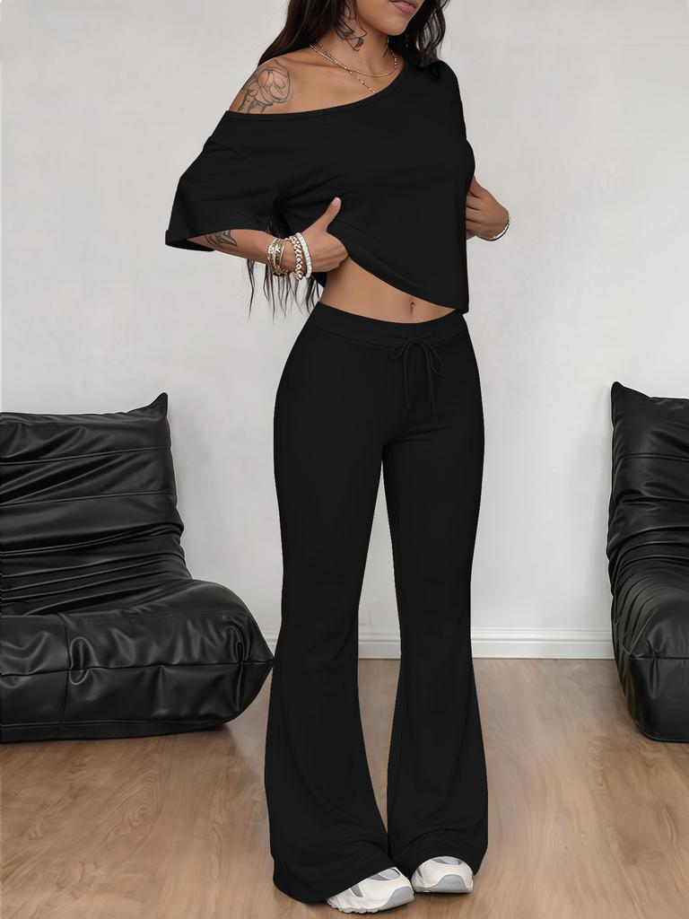 New European and American fashion suit diagonal shoulder solid color T-shirt trousers two-piece suit, diagonal shoulder short-sleeved trousers cover