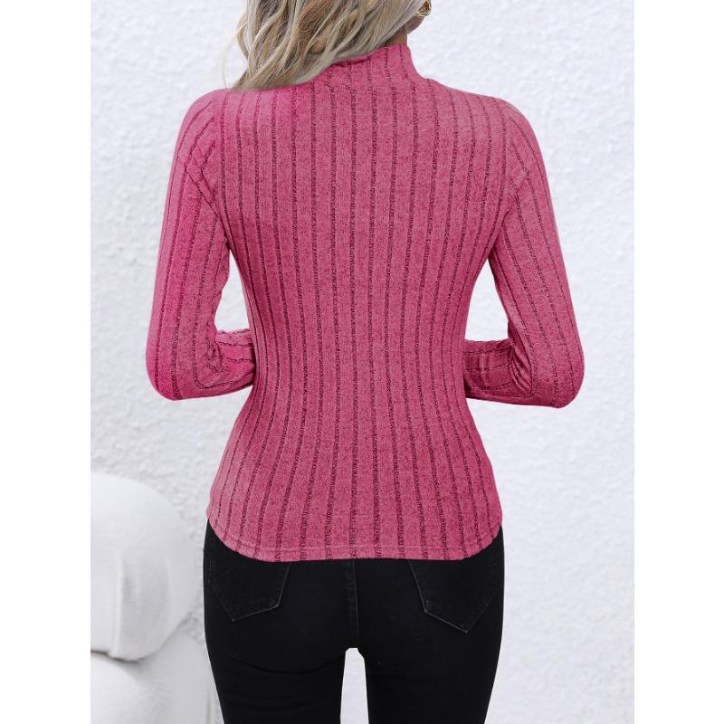 Solid Color Faux Neck Ribbed T-Shirt, Elegant Long Sleeve Slim Fit Hundred Tops for Women