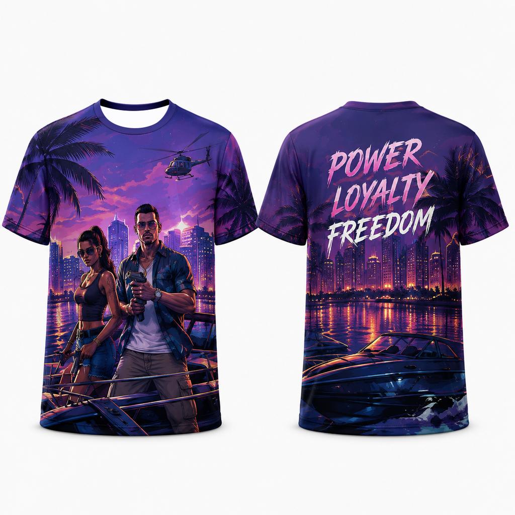 Vice City Retro Synthwave Double Sided Print T Shirt Unisex Miami Palm Tree Sports Tee Breathable Mesh Quick Dry Streetwear Top