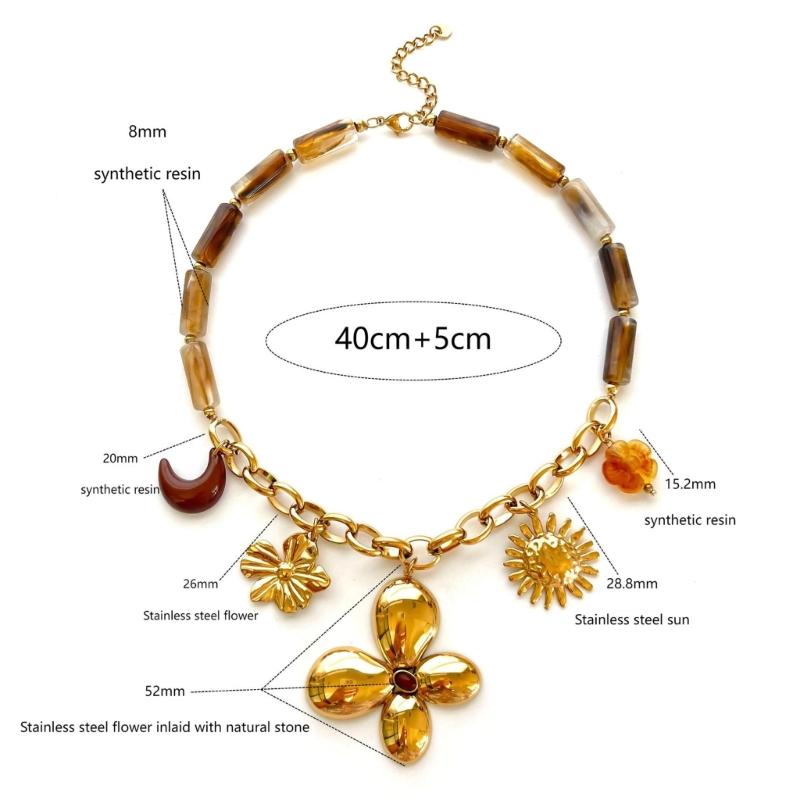 Fashionable Resin Beaded Necklace With Floral Sun Pendant Stainless Steel Neck Chain Retro Jewelry For Her