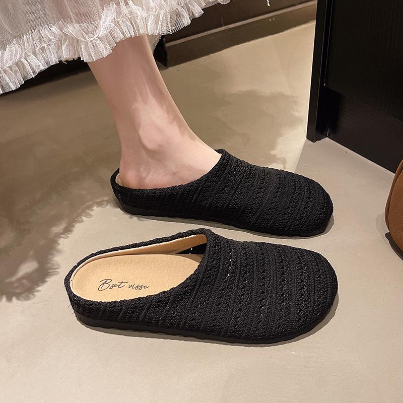 Woven hollow breathable bag head half drag women's outer wear 2025 spring and summer new thick bottom soft bottom with skirt cool slippers