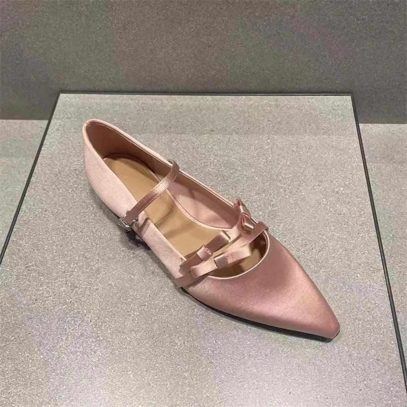 Fashion Gentle Unique Design Satin Mary Jane Flat oes Spring 2025 Pointed Toe  Knot Women's Faion Low Heel Slip-On oes