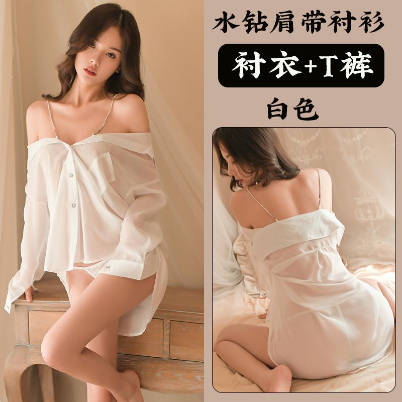 

Sexy lingerie women s chiffon suspender dress boyfriend wind white shirt off-the-shoulder perspective pajamas seduction suit one size fits all білий