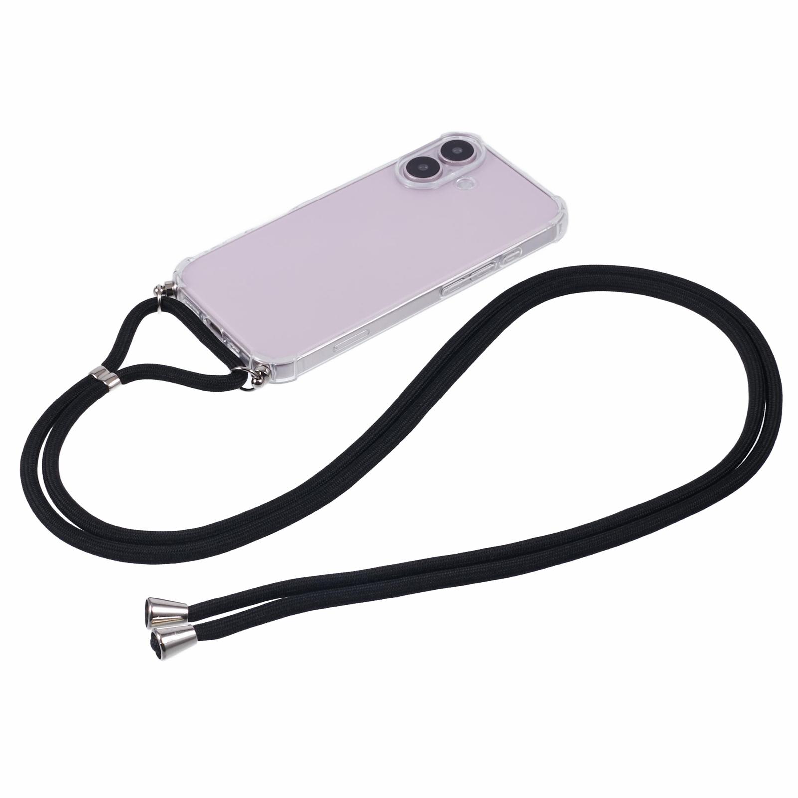 

For iPhone 16 Plus Case Four Corners Anti-Drop Clear TPU Phone Cover with Strap (Large Lens Hole) A