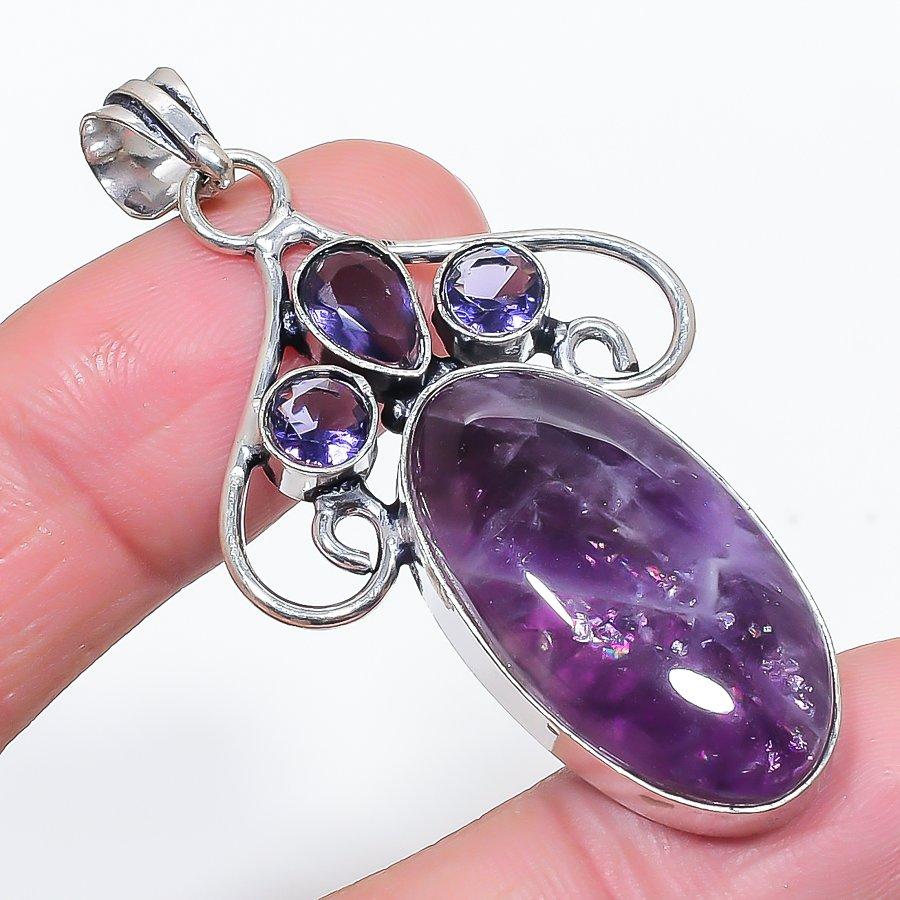 Natural Sage Amethyst, Amethyst 925 Sterling Silver Jewelry Pendant 2.36" l1L18