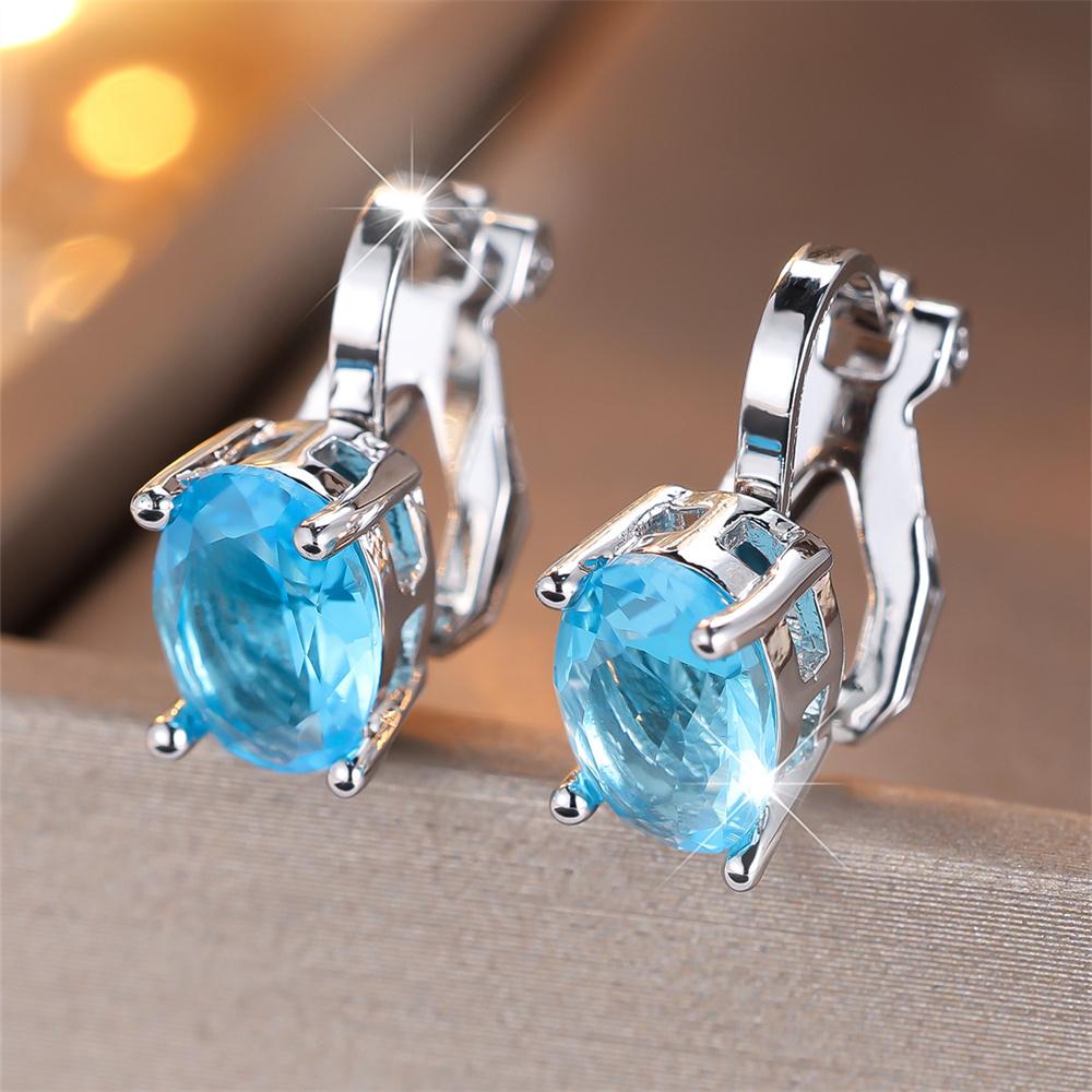 Pendientes de Clip Pequeños Lindos con Piedra Ovalada de Circonita Arcoíris Para Mujeres Pendiente de Compromiso Color Plata Vintage Joyería de Cristal Multicolor