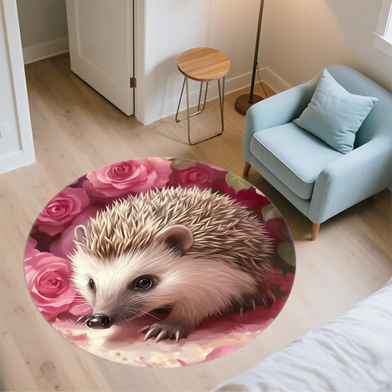 Rose and Hedgehog Pattern Round rug,Carpet Rug for Living Room Bedroom Playroom ,Non-slip Floor Mat,Holiday Gifts and Birthday Gifts.
