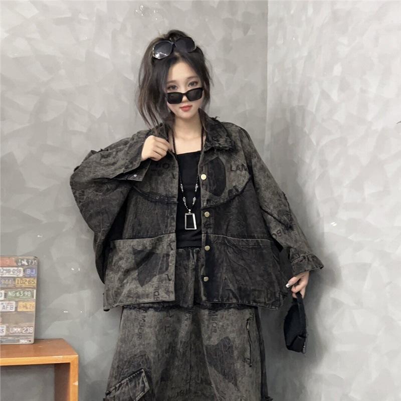 Niche personality trendy cool do old denim fashion suit women's autumn style foreign style loose jacket crotch pants two-piece set trendy