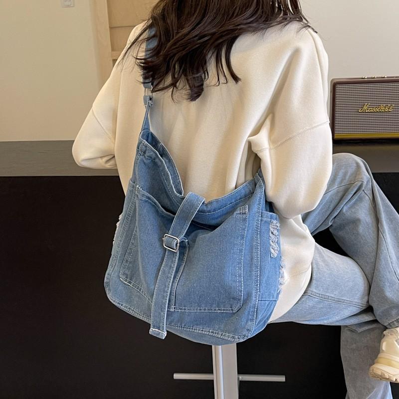 Large Capacity Denim Tote Bag Women Soft Structured Shoulder Crossbody Daily Commute Street Style