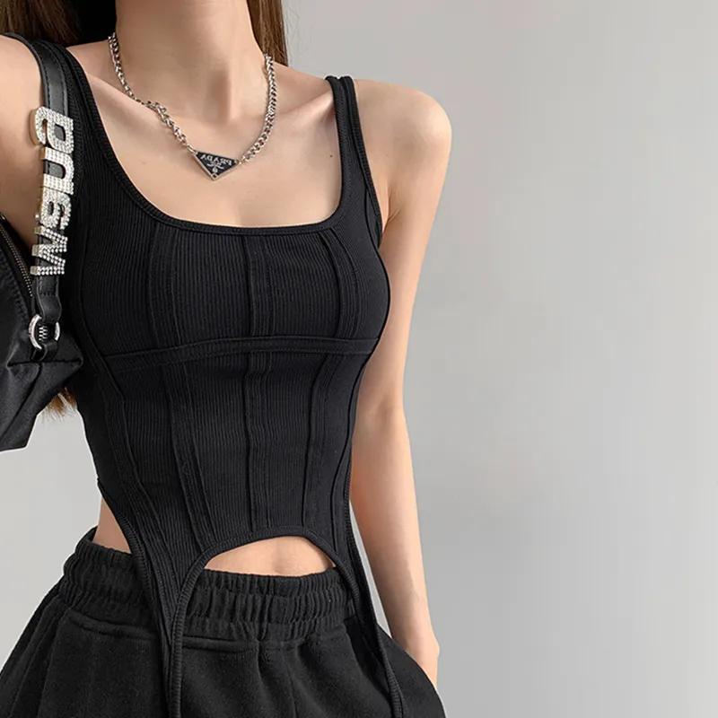 

Korean Fishbone Line Vest Women Irregular Chic Slim Solid Sexy Off Shoulder T-Shirt Fashion Harajuku Y2K Streetwear Tank XS чорний