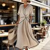 Yousheng Women's Summer Casual Twist Waist Long Dress Cotton Linen Short Sleeve V Neck Boho Swing Dress Beach Vacation Flowy A-line