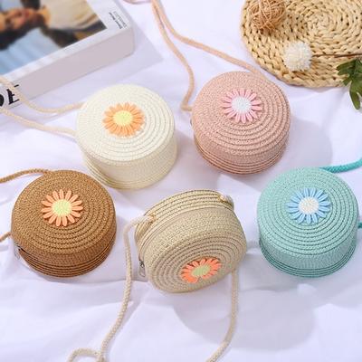 Children Shoulder Bag Straw Woven Flower Decor Pastoral Style Crossbody Bag Zipper