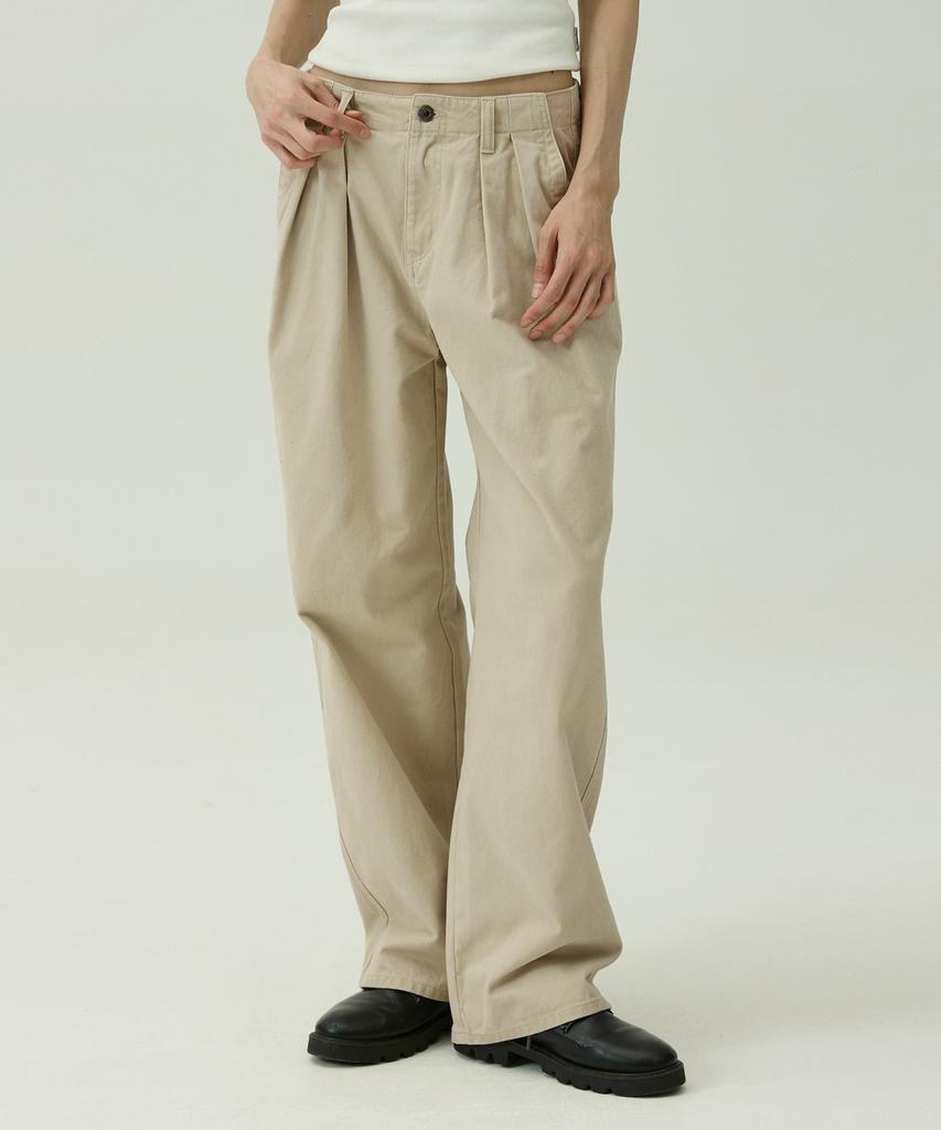 MAGOODGAN Patro 4811 Washed Double-Pleat Wide Fit Beige Chino Pants
