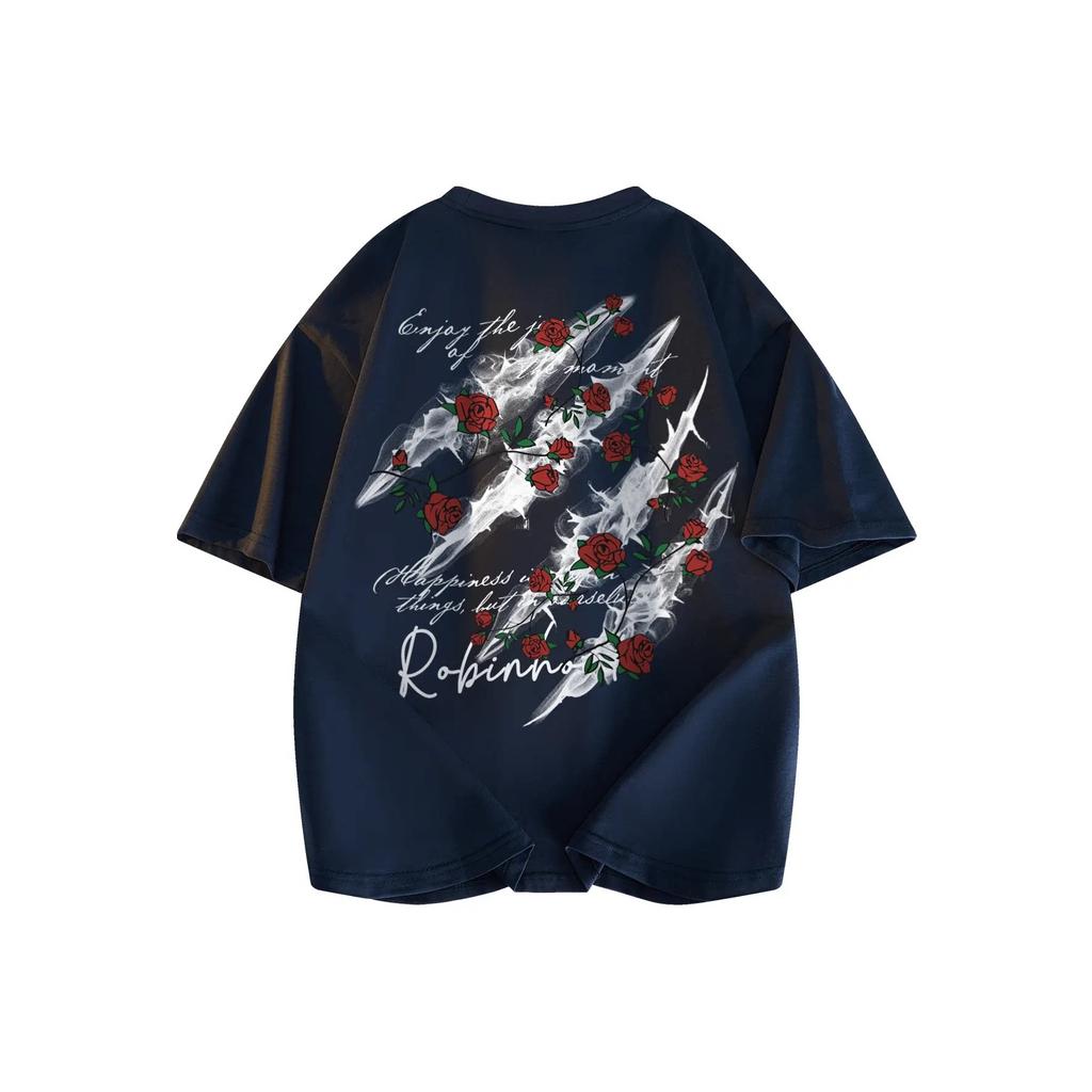 American High Street Rose Scratch Pattern Letter Versatile Genderneutral College Casual Loose Pure Cotton Shortsleeved Shirt