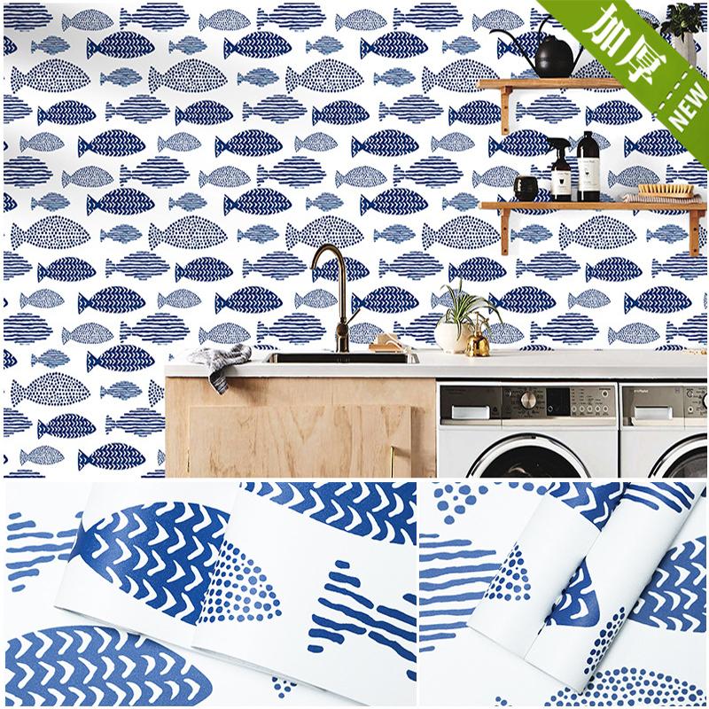 

ПВХ Утолщенные непромокаемые матовые декоративные наклейки для стен ванной комнаты, самоклеящиеся геометрические узоры с рыбами для DIY 100cmx45cm