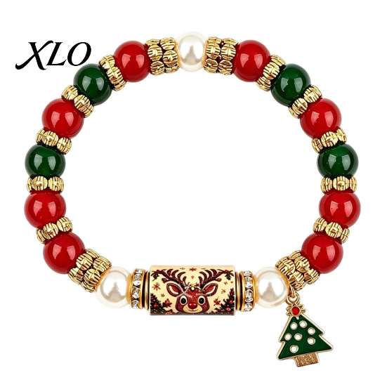 Christmas Tree Accessories for Party Bracelet, Elastic Stretch Beaded Bracelet with Xmas Meaningful Keepsake Gifts Charm, Holiday Jewelry Women