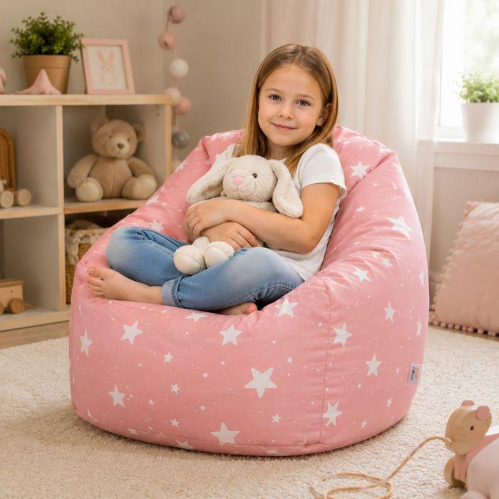 GINGER HOME Little Stars Pouf Child Armchair, 100% Cotton, Pink with Stars, 55x44x55 Cm