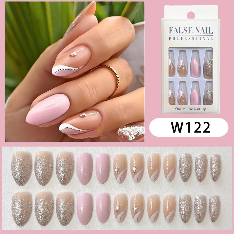 

Миндальные блестящие съемные ногти для французского маникюра W122 Pink Silver Stripes [Glue Version]