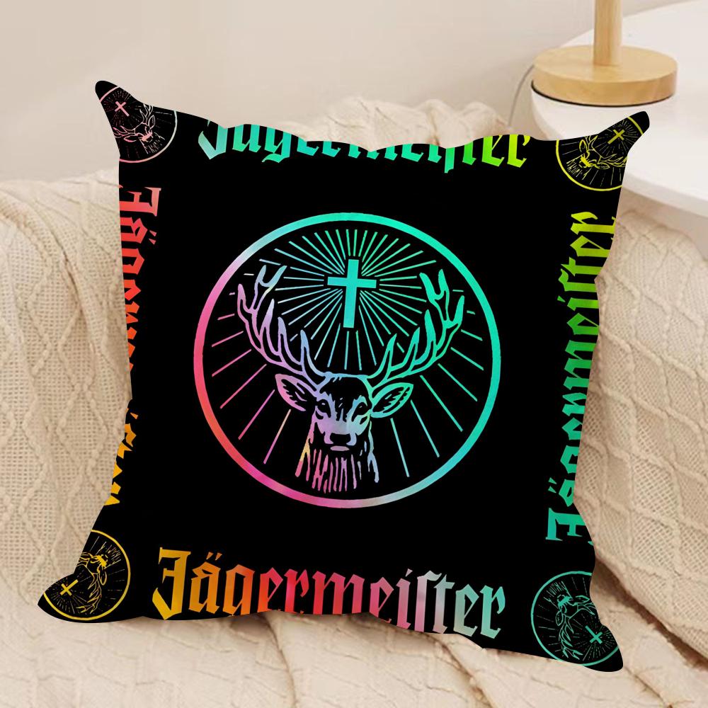 Drink J-Jaegermeister-r Logo Cushion Cover Silky Short Plush Sofa Pillow Cover Hidden Zipper Soft Dustproof Case for Home Decor