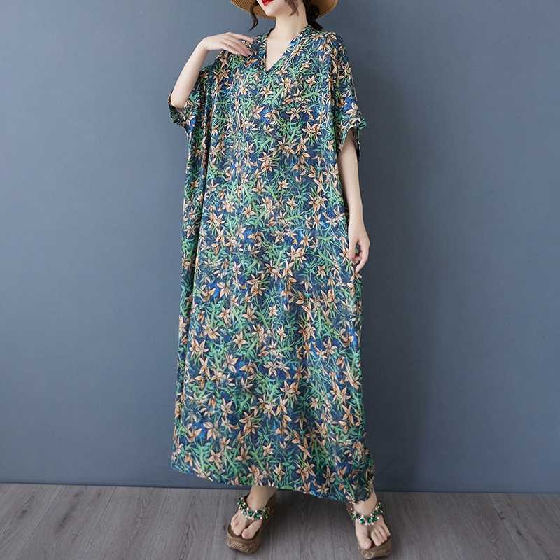Women's Vintage Long Dress with Cotton and Linen Patterns