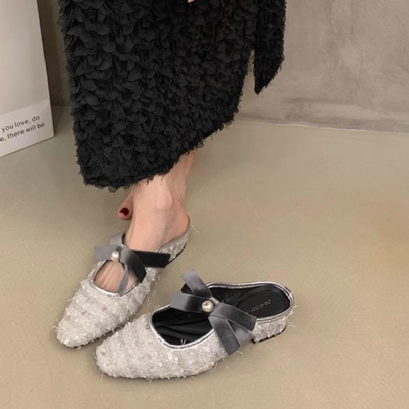 Fashion Fashion Baotou Slippers Spring New Square Head Shallow Mouth Glitter Cloth Butterfly Knot Soft Sole Non-slip Low Heel Shoes