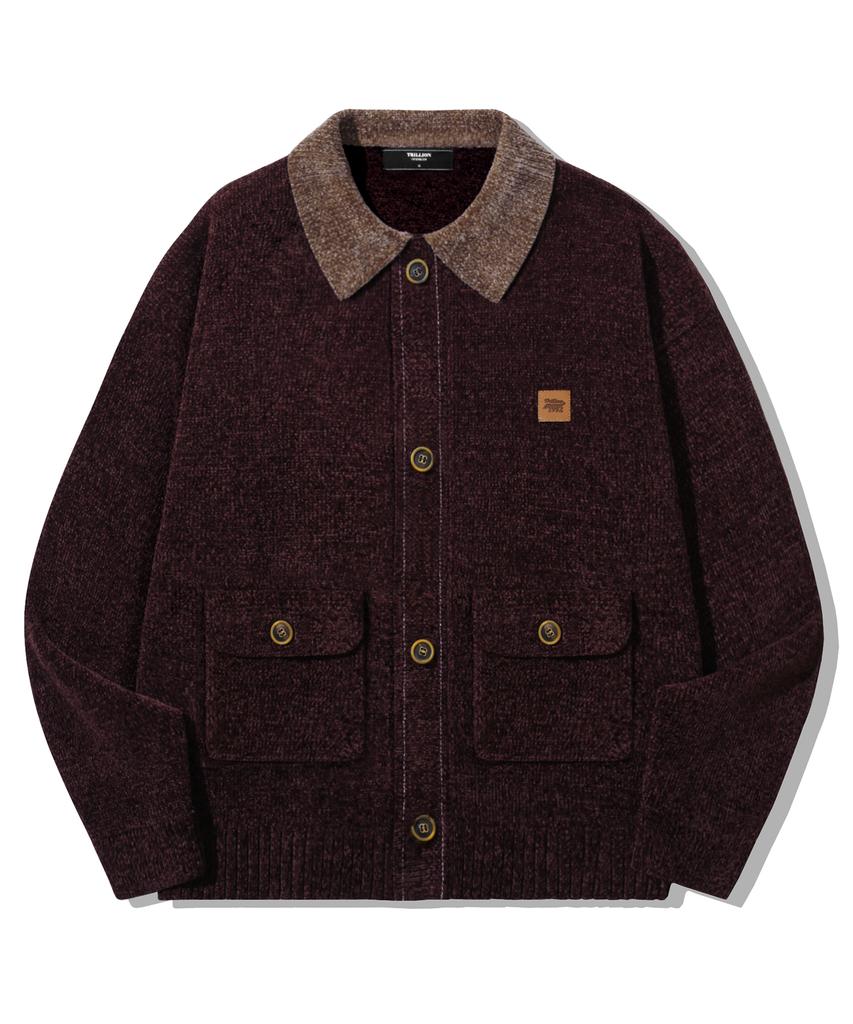 TRILLION Leather Patchwork Velvet Cardigan Knit_Purple Brown