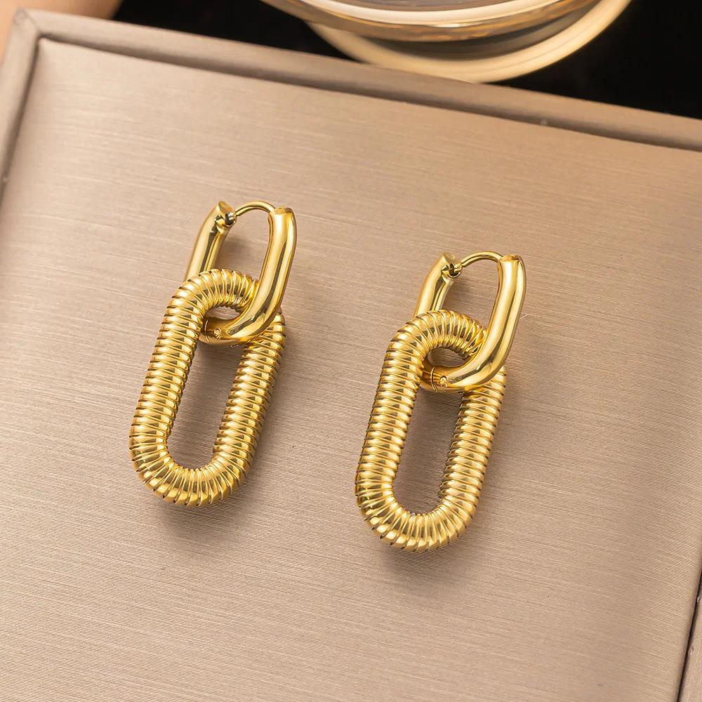 Retro Double Loop Design Drop Earring Gold Copper Color Geometric Round Earrings for Women Girls Punk Hip Hop Fashion Zircon G