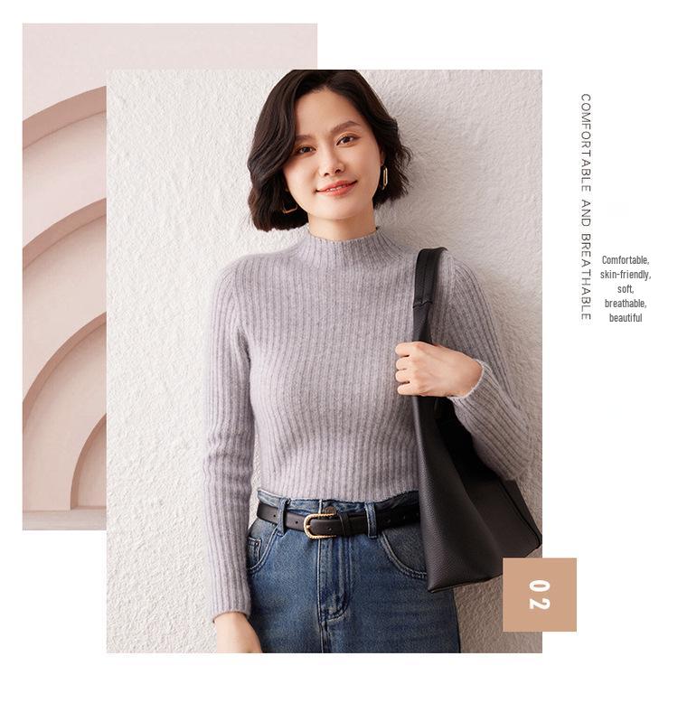 Slim-Fit Striped Cashmere Sweater for Women - Autumn/Winter 2026 Collection, Half-High Neck, Soft Solid Color Knitwear
