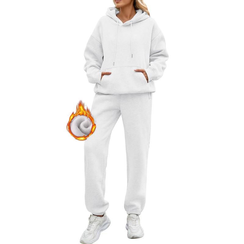 Womens Solid Color Hooded Long Sleeve Fleece Lined Sweatshirt Matching Pants Set Casual Streetwear Outfit