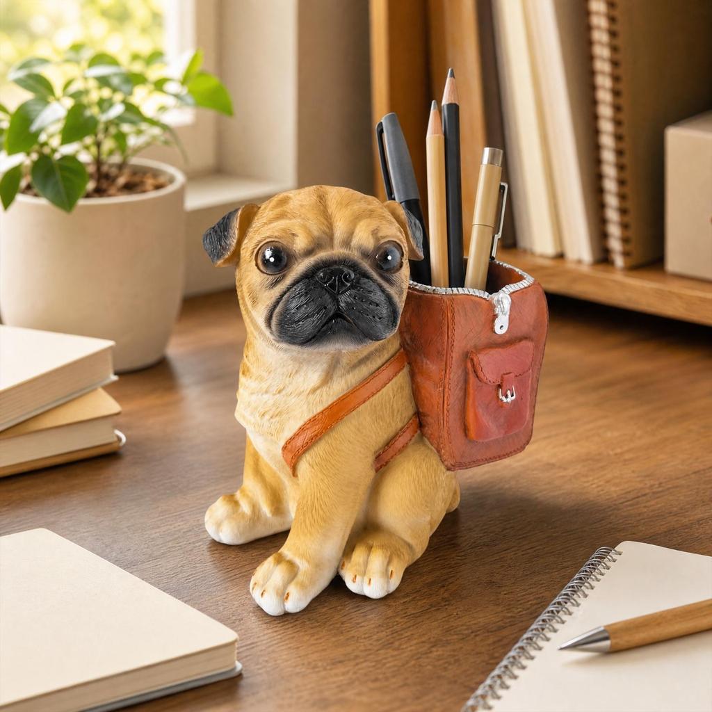 PugShaped Pen Holder Decorative Pug Desk Organizer with Front Pocket Playful Canine Sculpture