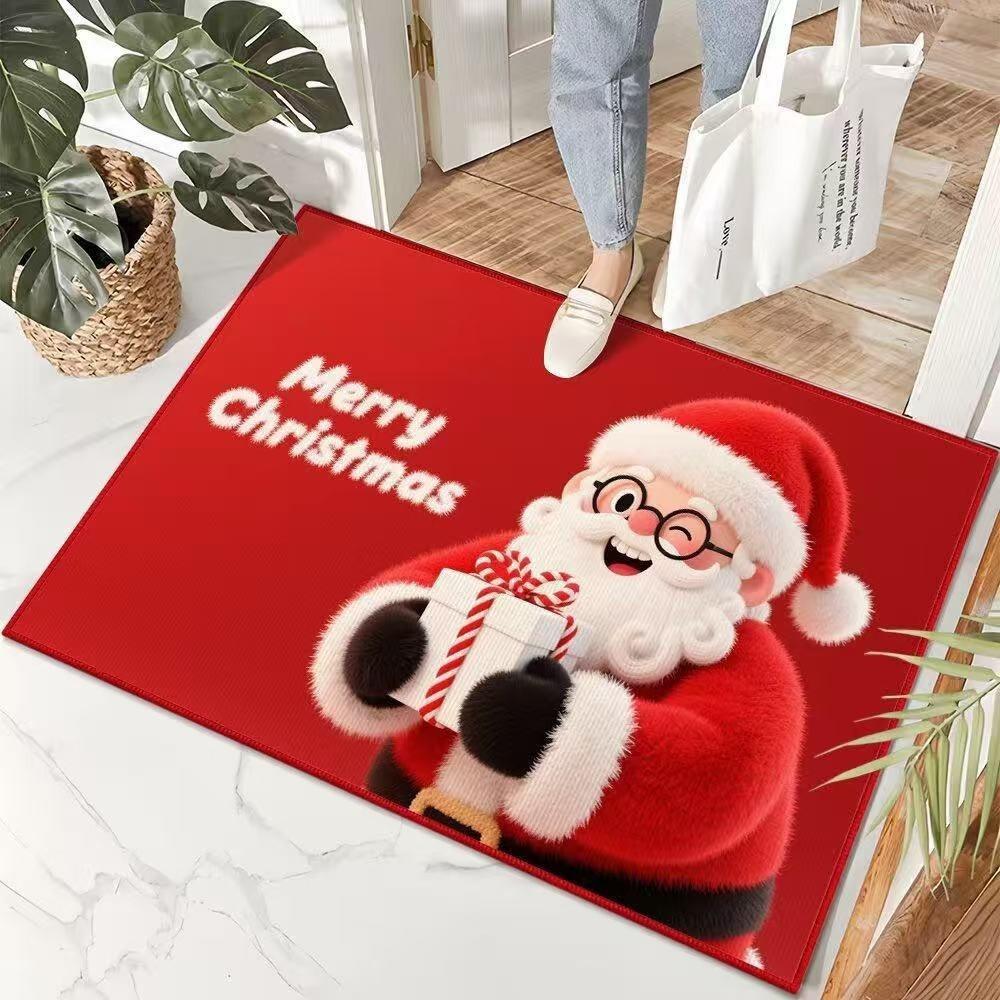 Visual Velvet Christmas Door Mat with Santa Claus Reindeer Patterns Floor Mat for Home Entrance Decor Adding Festive Joy