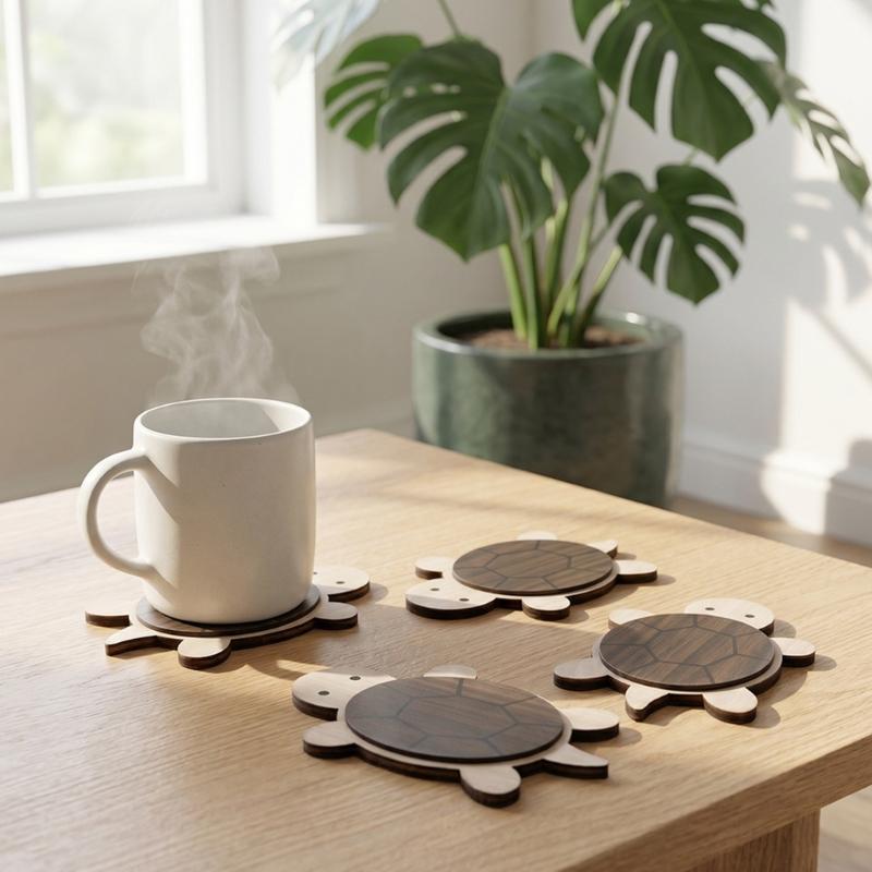 Mug Coasters for Table Protective, Wood Turtles Shape Drink Holders Mats Set of 4 with Layered Shell Top for Coffee Cups, Tea Cups and Daily Desk Use