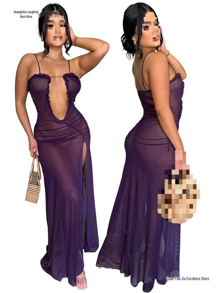 Sexy durchsichtiges Netzkleid mit hohem Schlitz für Damen