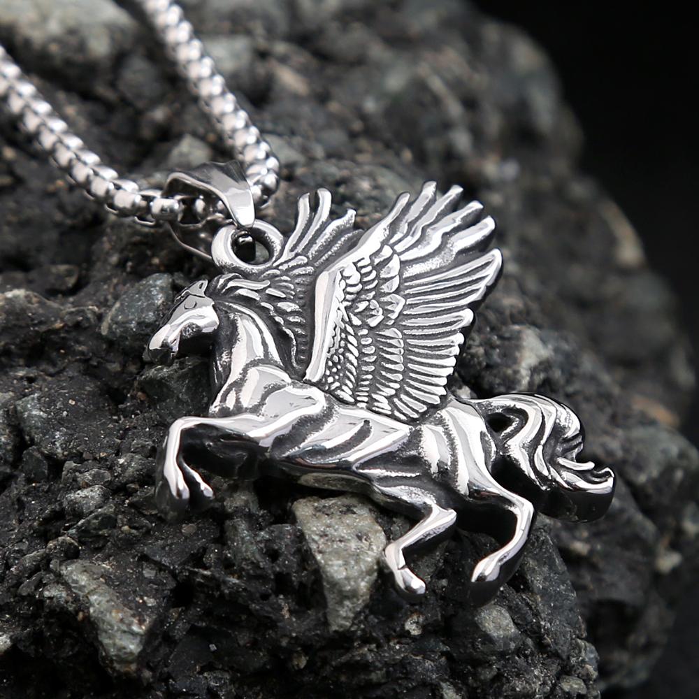 Punk Vintage Pegasus Unicorn Pendant Necklace For Men 316L Stainless Steel Greek Mythology Pegasus Wings Necklaces Jewelry Gifts