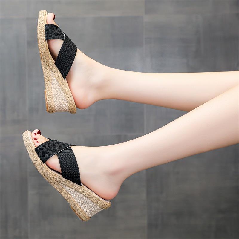 Spring Summer High Heeled Sandals Old Beijing Cloth Wedge Women Shoes Casual Beige Korean Style Slippers Comfortable