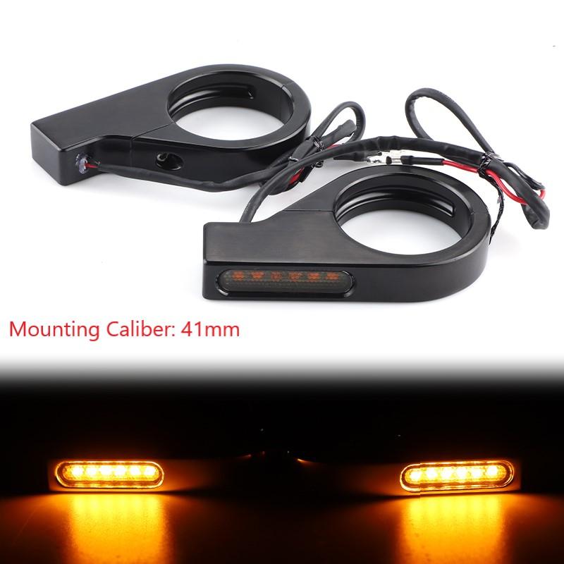 Motorcycle 39-41mm Fork Tubes LED Turn Signal Light Amber 12V Direction Indicator Lamp Aluminum Blinker For Scooter Dirt Bike Black Amber
