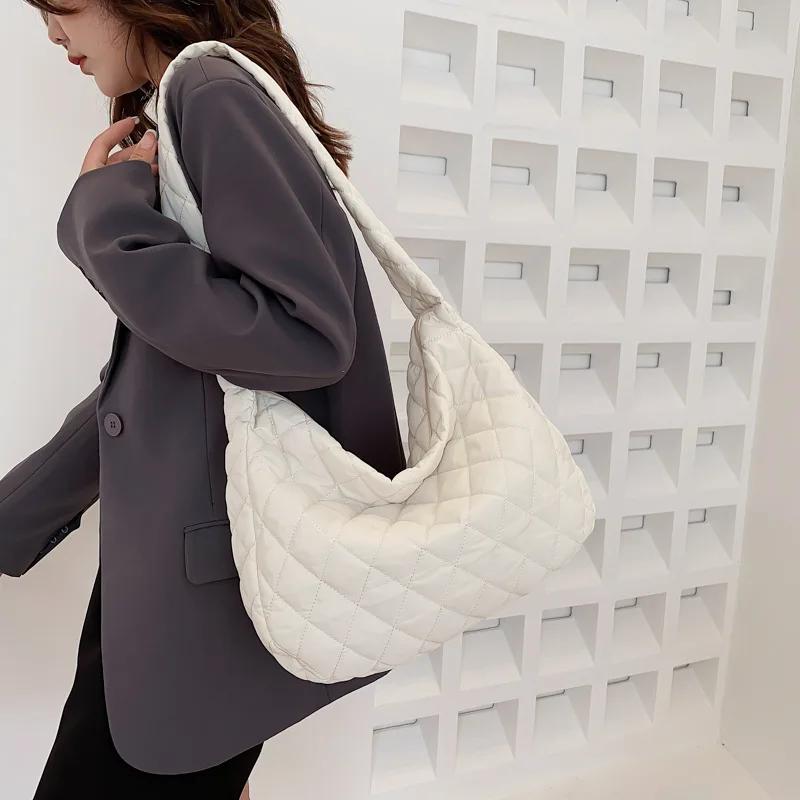 Winter Lingge Embroidery Shoulder Bag for Women Fashi Space Padded Cott Handbag Clutch Ladies Feather Down Big Tote Bags