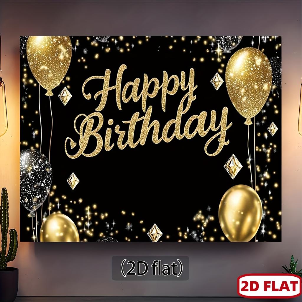 Ein luxuriöses Geburtstagsbanner im Schwarz-Gold-Thema, verziert mit Diamant-Ballons und glitzerndem Pulver.