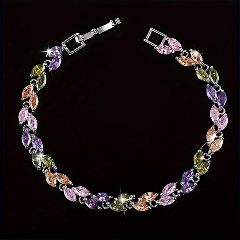 Multicolor Cubic Zirconia Leaf Ear of Wheat Pendant Bracelet, Silver Plated Crystal Women Jewelry, Birthday Gift for Her