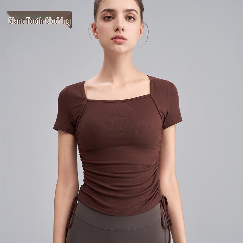 

Женский топ для йоги с коротким рукавом и квадратным вырезом: Дышащая летняя спортивная футболка с кулиской для бега, пилатеса и фитнеса XL