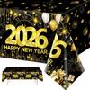 Black Gold New Year Disposable Tablecloth Happy New Year Party Decorations for Home 2026 Kitchen Dinning Plastic Table Cover