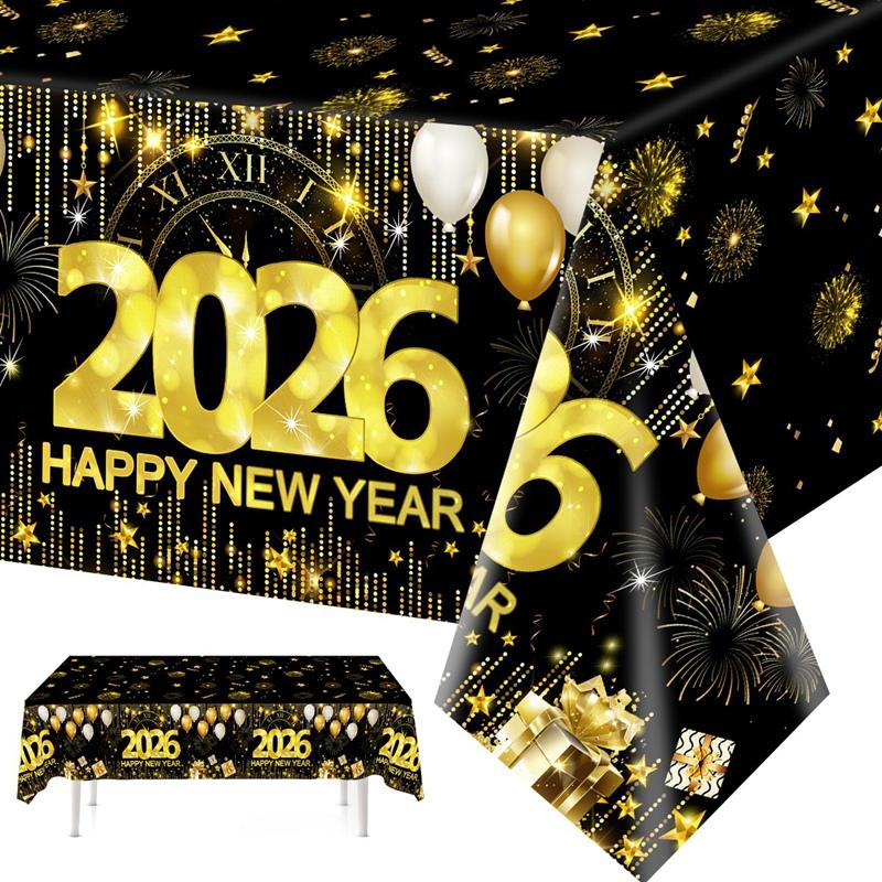 Black Gold New Year Disposable Tablecloth Happy New Year Party Decorations for Home 2026 Kitchen Dinning Plastic Table Cover