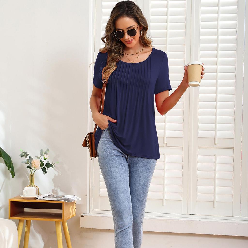 Women’s Shirts Round-neck Short Sleeves Loose Tops Pullover Pleated Stripes T-shirts Solid Color Summer Spring Casual Wear