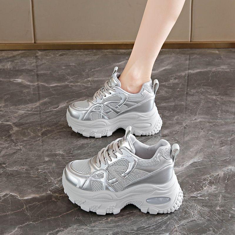 

Autumn Mesh Breathable Chunky Sneakers For Women Thick Sole Height Increasing Korean Style Versatile Casual Shoes 40 блідо-срібного кольору
