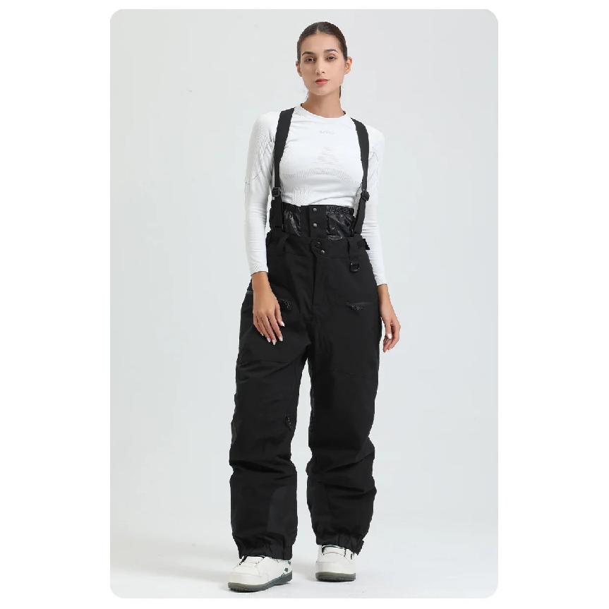 New Ski Pants Women's Outdoor Strap Warm Double Board Windproof Waterproof Winter Leisure Sports Loose Large Pocket Snow Pants