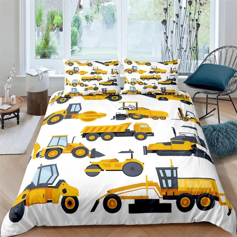 Boys Cartoon Car Bedding Set Full Construction Vehicles Comforter Cover Kids Cartoon Machinery Truck Soft Polyester Duvet Cover