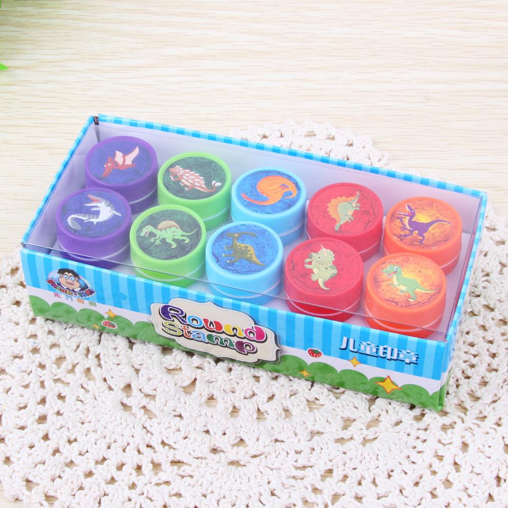 10 Pcs/Set Cute Stamp Toy Cartoon Dinosaur Animal Marine Life Encourage Pattern Round Plastic DIY Toy Seal with Box for Kids
