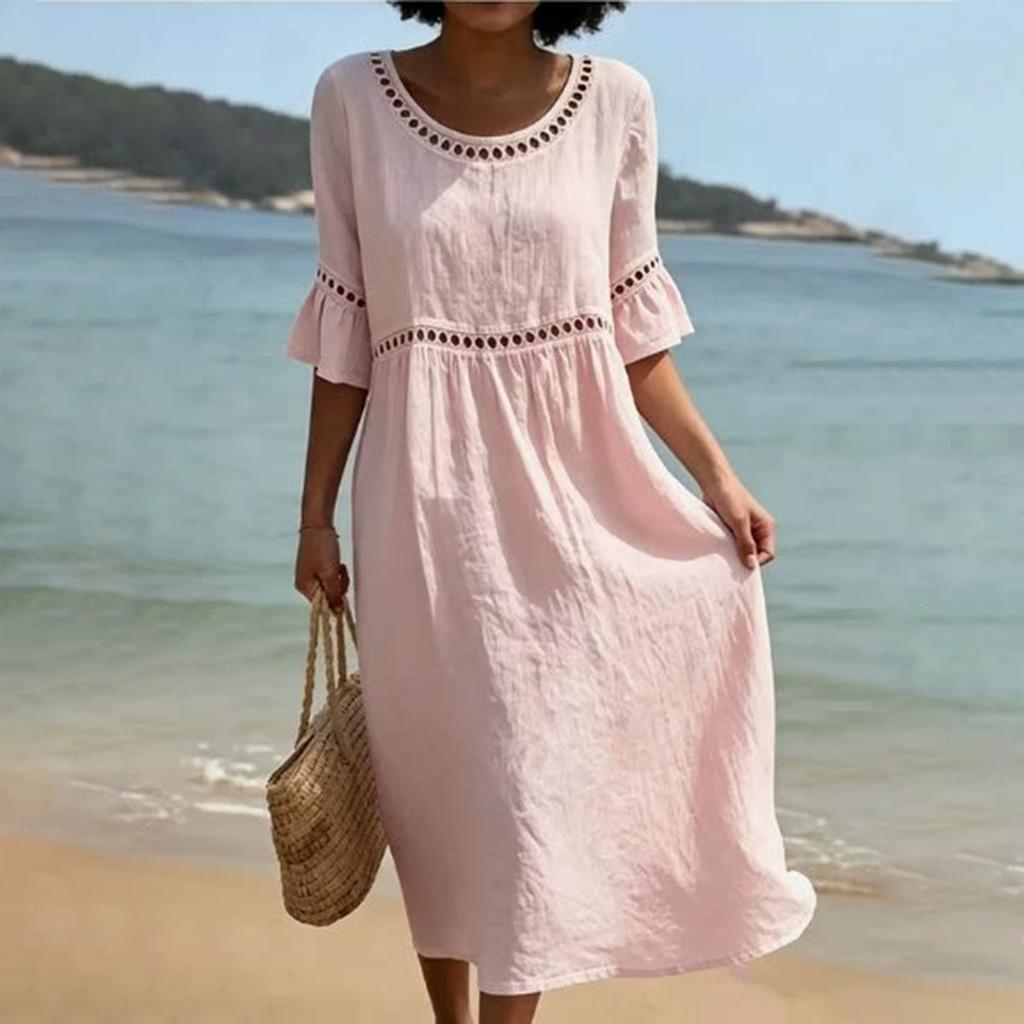 Vintage Hollow Out Lace Round Neck Midi Dress Women Cotton Linen Casual Loose Fit Half Sleeve Summer Dress