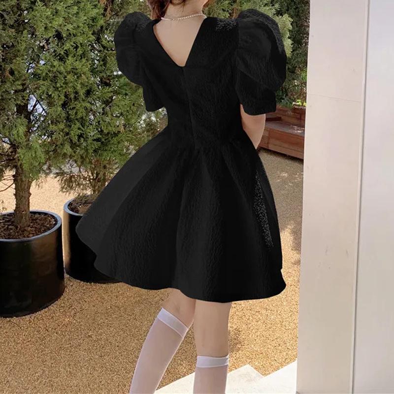 Women's Black Jacquard V-Neck Lantern Sleeve Summer Dress